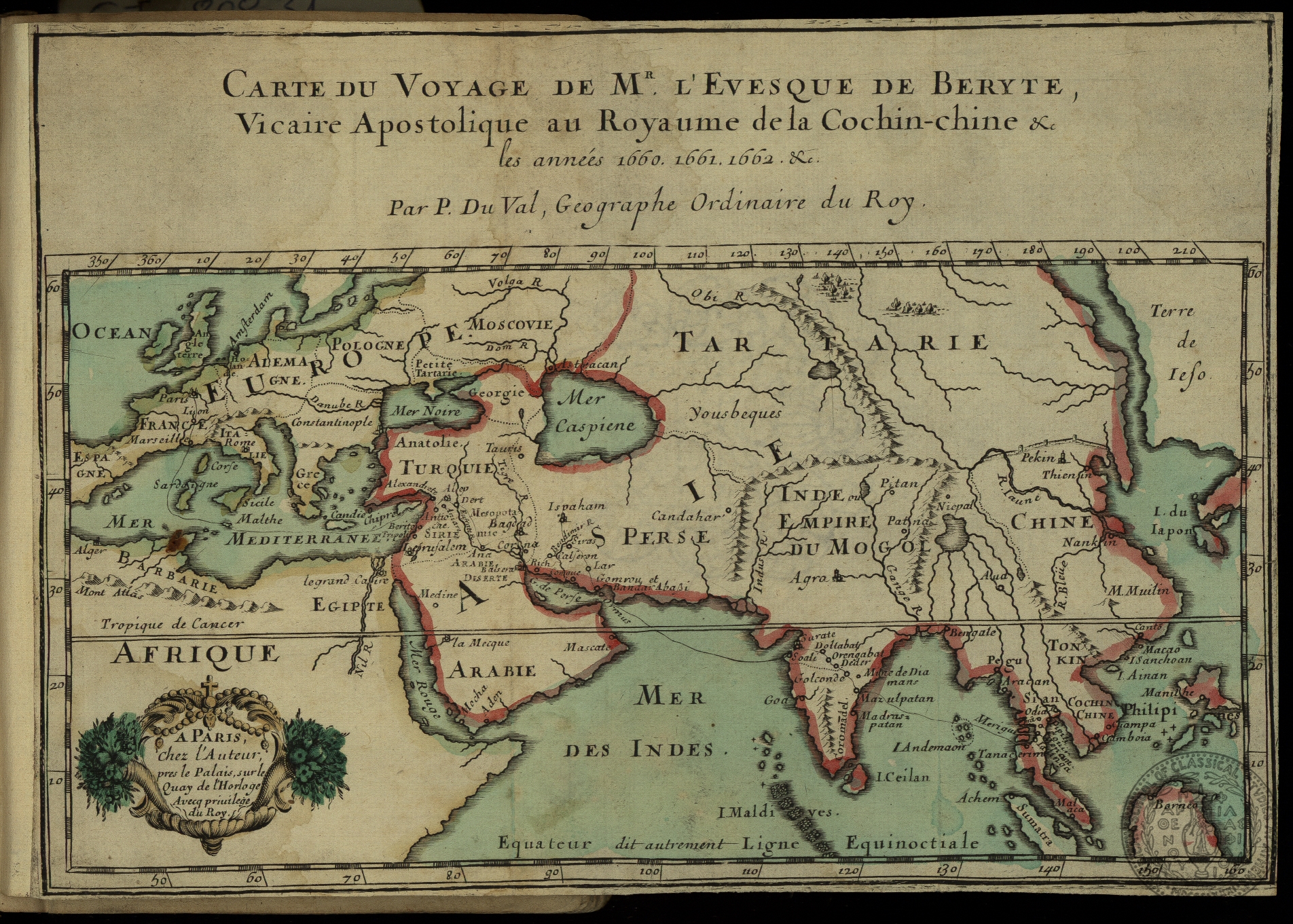 Carte du voyage de M. l' Evesque De Beryte, vicaire apostolique au Royaume de la Cochichine etc les annees 1660, 1661, 1662 etc.